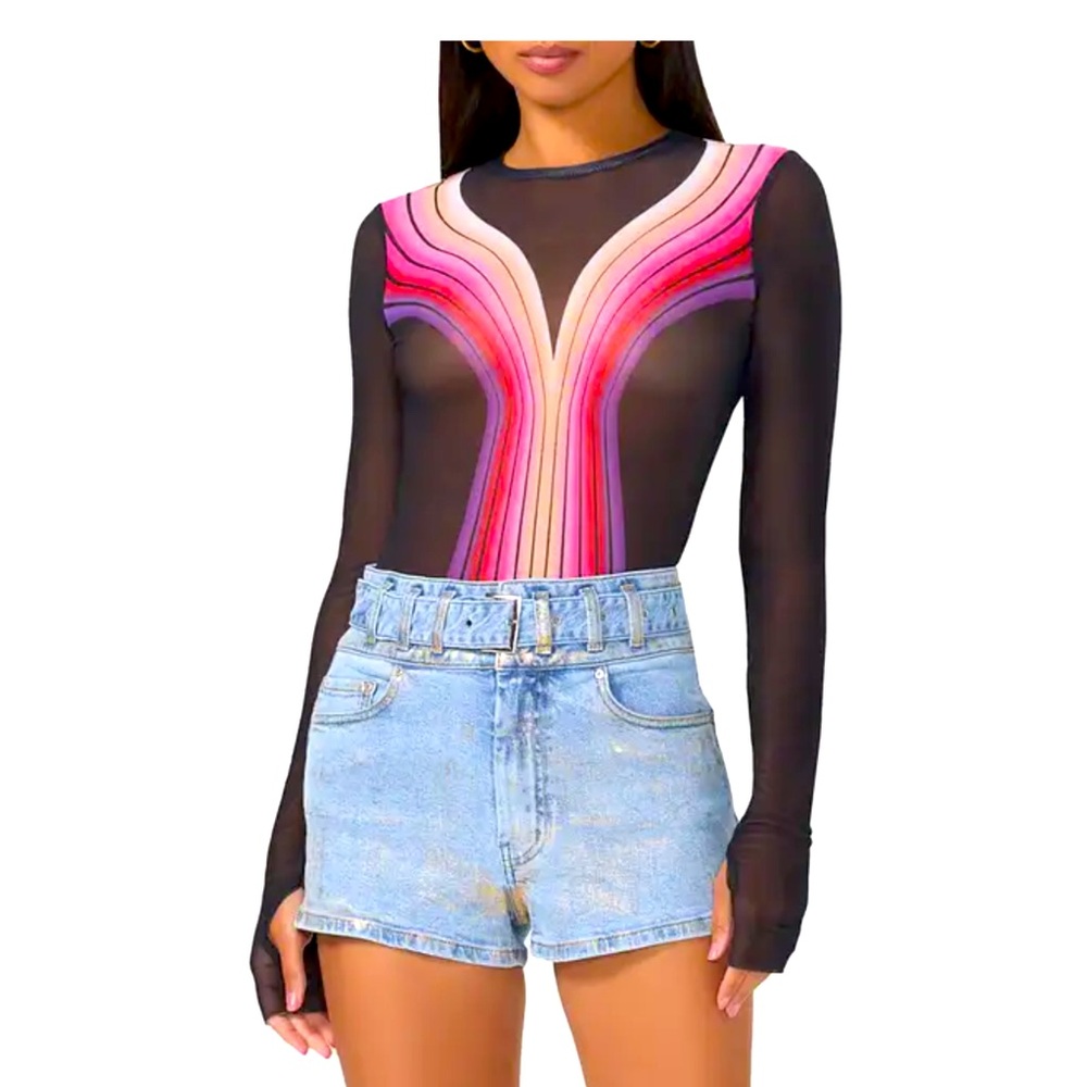 AFRM sheer blouse with vibrant stripe design